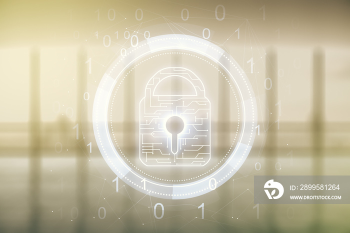 Virtual creative lock symbol and microcircuit illustration on empty corporate office background. Protection and firewall concept. Multiexposure