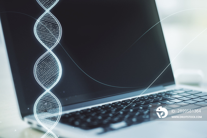 Creative concept with DNA symbol illustration on modern laptop background. Genome research concept. Multiexposure