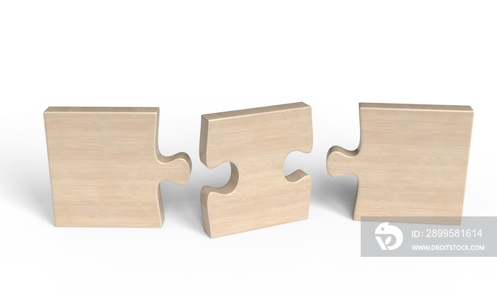 Three pieces of wooden puzzle isolated on white. Concept of connection. 3d illustration