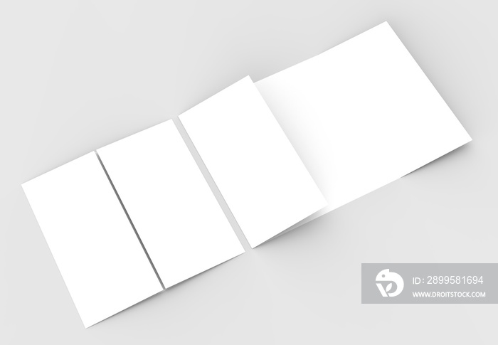 Square gate fold brochure mock up isolated on soft gray background. 3D illustrating.