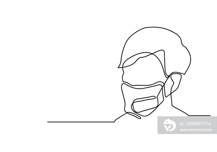 One continuous line drawing  medical face mask. Concept of coronavirus.