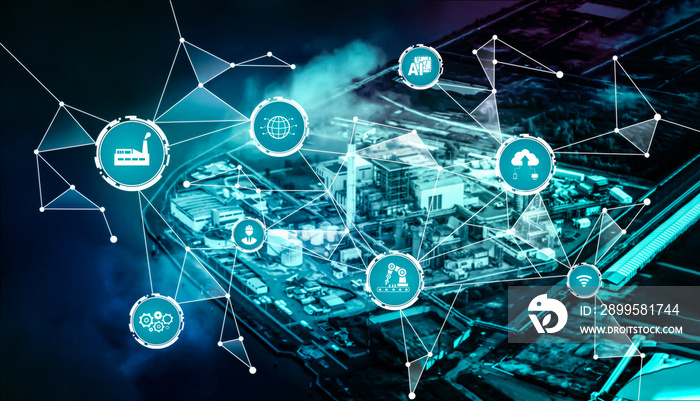 Industry 4.0 technology concept - Smart factory for fourth industrial revolution with icon graphic showing automation system by using robots and automated machinery controlled via internet network .