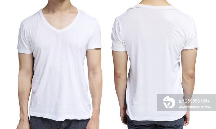 White blank v-neck shirt on human body for graphic design mock up