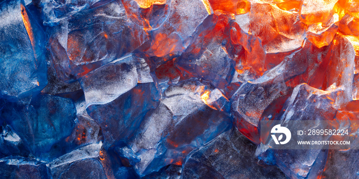 Vibrant depiction of the contrast between fire and ice wallpaper. Cold blue frozen ice, melting over hot red fire.