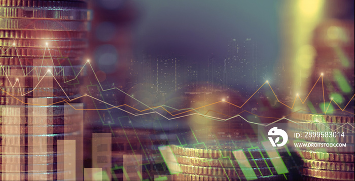 Financial investment , Double exposure of city night and stack of coins for finance investor, Forex trading candlestick chart, Cryptocurrency economy. background for invest, recession,employment