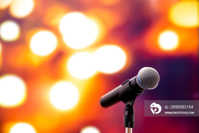 Microphone Public speaking background, Close up microphone on stand for speaker speech presentation stage performance or press conference backgrounds.