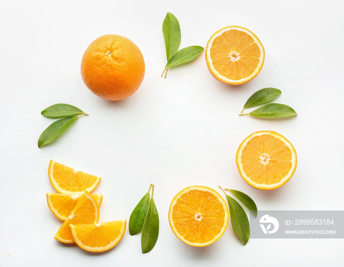 Frame made of tasty ripe oranges on white background