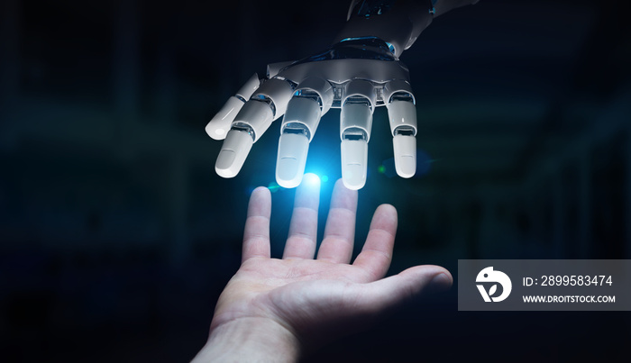 Robot hand making contact with human hand on dark background 3D rendering