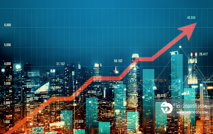 Stock market business concept. Financial graphs and digital indicators with modernistic urban area and skyscrapers as background. Double Exposure.