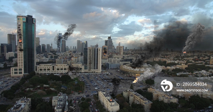 Tel Aviv City Under attack in war aerial view Illustration