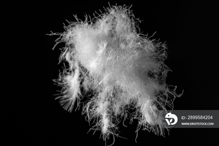 A ball of white duck down raw material on a black background