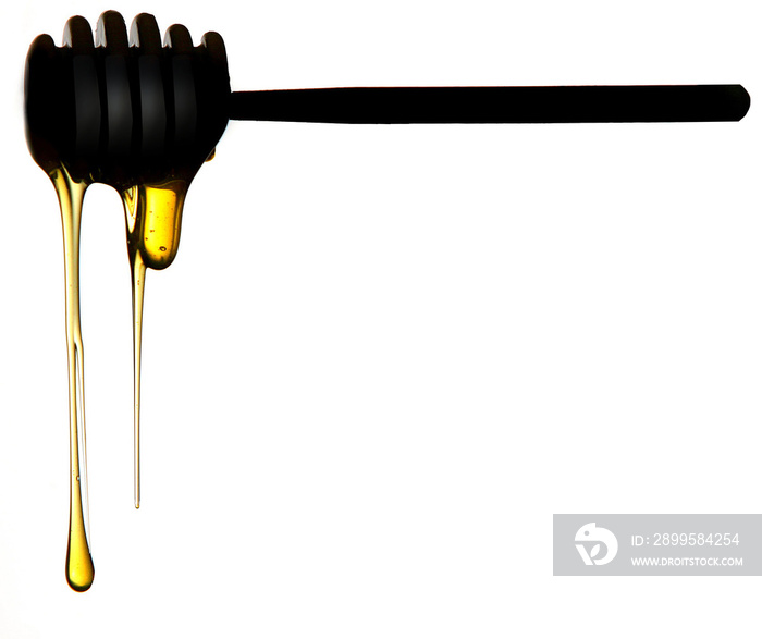 Honey drips from a wooden honey dipper in this 3-d food illustration.