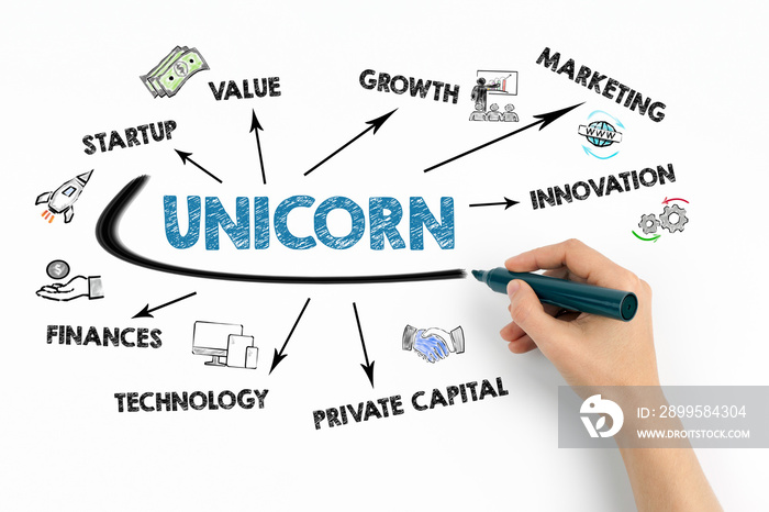 UNICORN, business concept. Chart with keywords and icons on white background