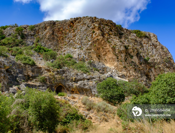 Mount Carmel, Israel. Cave of a prehistoric human in Nahal Me’arot National Park