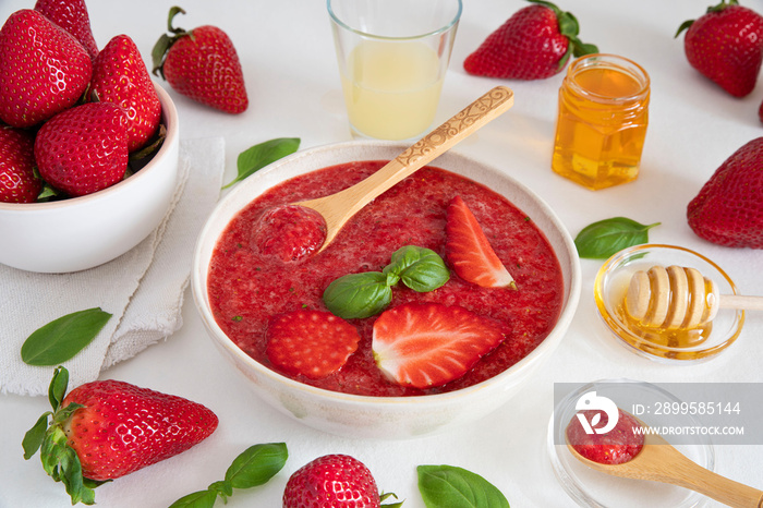 Close-up of a strawberry and basil soup preparation