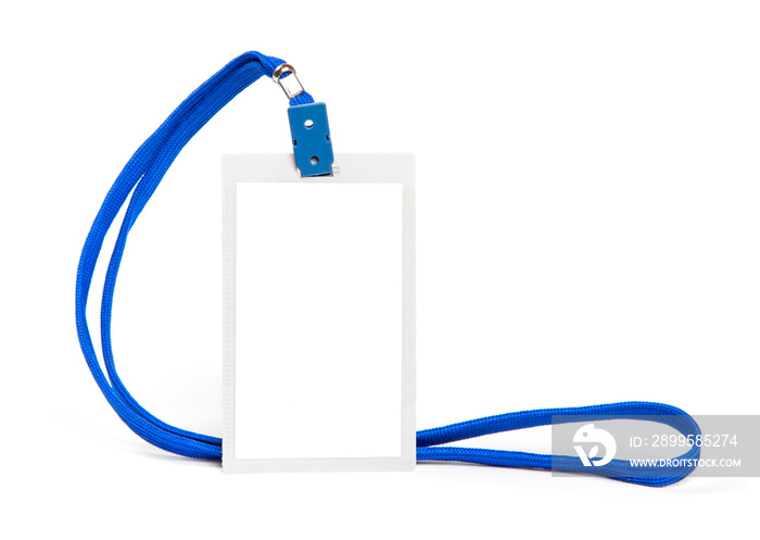 ID card badge with blue ribbon on white isolated background. mock-up. Copy space for text