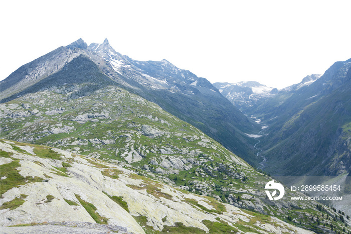 Isolated cutout mountains in the Alps in summer on a white background