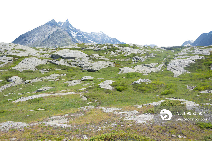 Isolated cutout mountains in the Alps in summer on a white background