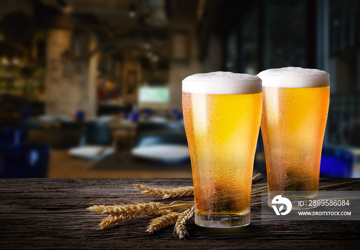 Glasses of light beer with barley on a pub background. Two glass of beer with wheat on wooden table