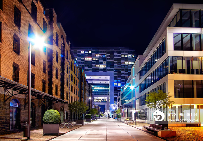 Rheinauhafen modern buildings in Cologne at night