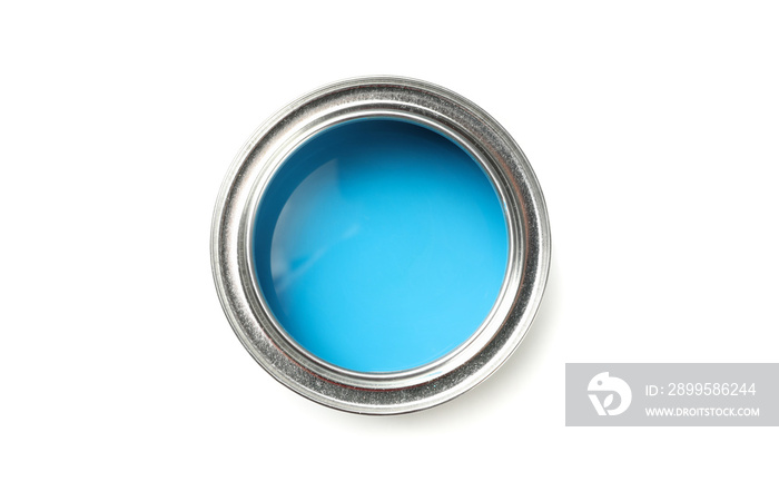 Can of blue paint isolated on white background