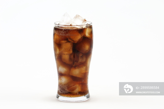 Cola in glass with ice on white background