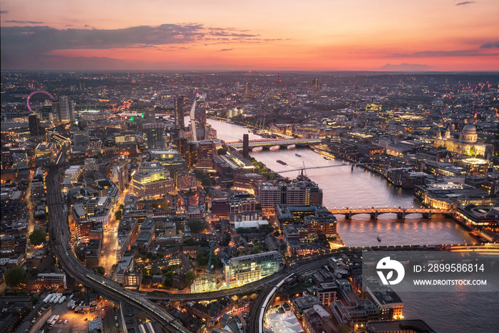 Aerial view of London skyline at sunset, United Kingdom .