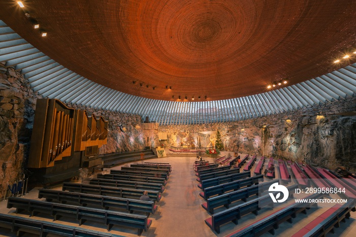 Interior view of the famous Rock Church (Temppeliaukion kirkko) during Christmas time in Helsinki, Finland