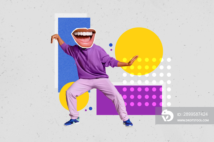 Creative abstract template collage of funny young man hoodie big smiling mouth instead head toothy beaming smile dancing chilling artwork