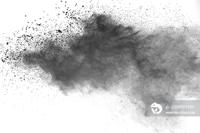 abstract powder splatted background. Black powder explosion on white background. Colored cloud. Colorful dust explode. Paint Holi.