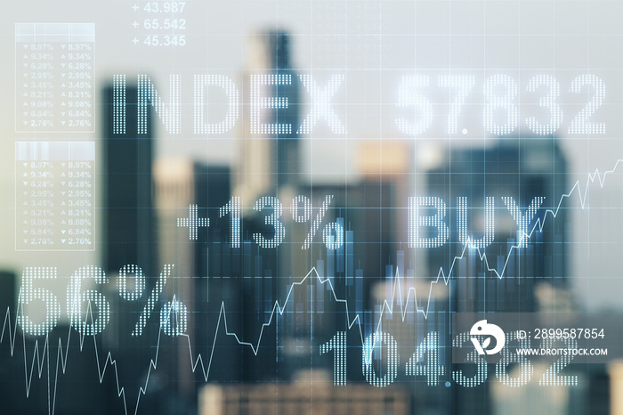 Multi exposure of virtual abstract financial diagram on blurry office buildings background, banking and accounting concept