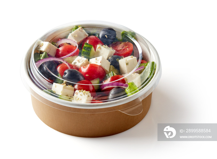 Greek salad in take away bowl on white background