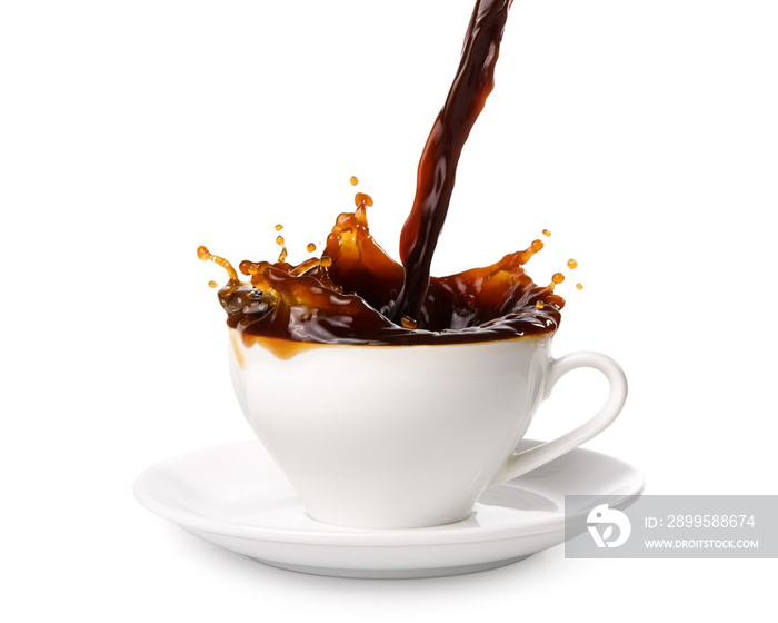 Pouring coffee into cup with splashing., Isolated on white background.