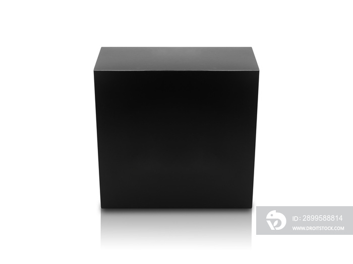 Black box product packaging in front view isolated on white background with clipping path.