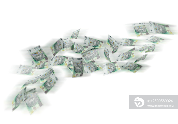 Flying polish 100 zloty banknotes isolated on white background. Banner with money from Poland.