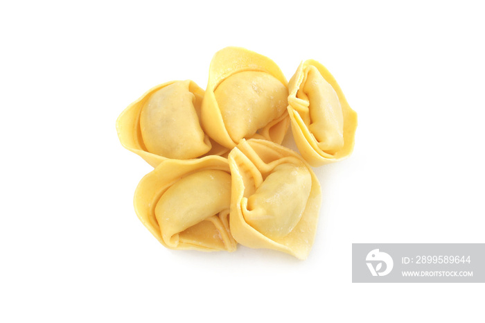 Raw fresh tortellini pasta isolated on white background