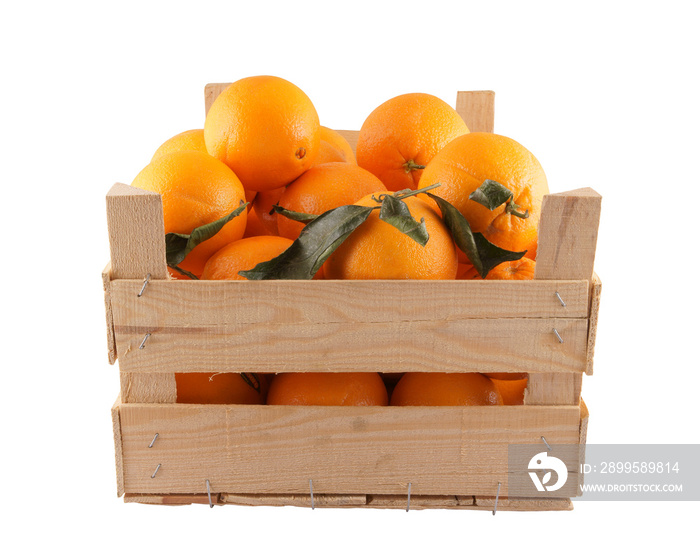 Ripe orange fruits in wooden crate isolated on white