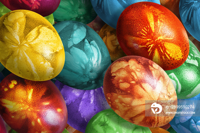 Bunch of Colorful Easter Eggs Decorated with Leaves Imprints