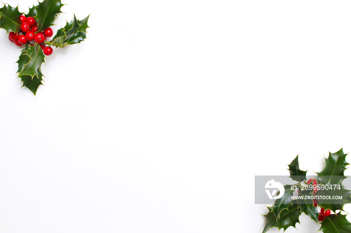 Christmas holly floral decoration on white background. Evergreen leaves with red berries and empty space for holiday text. Styled stock photo, top view.