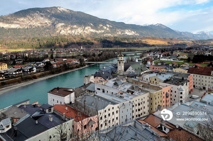 View over the historical center of Rattenberg, a small and picturesque medieval town on the Inn river in Tyrol, Austria