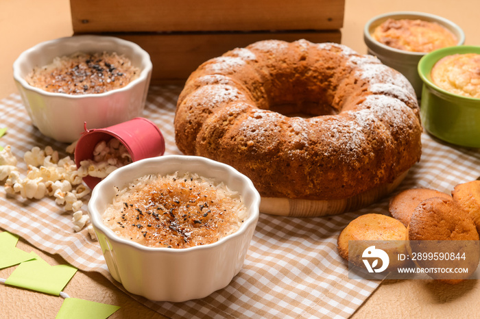 Traditional food for Festa Junina (June Festival) on color background