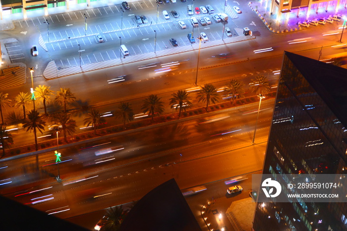 Busy traffic at night on the streets of Riyadh, Saudi Arabia