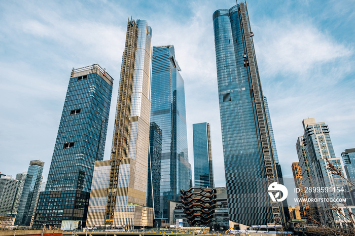 General view of Hudson Yards skyline from High Line Park in midtown New York City