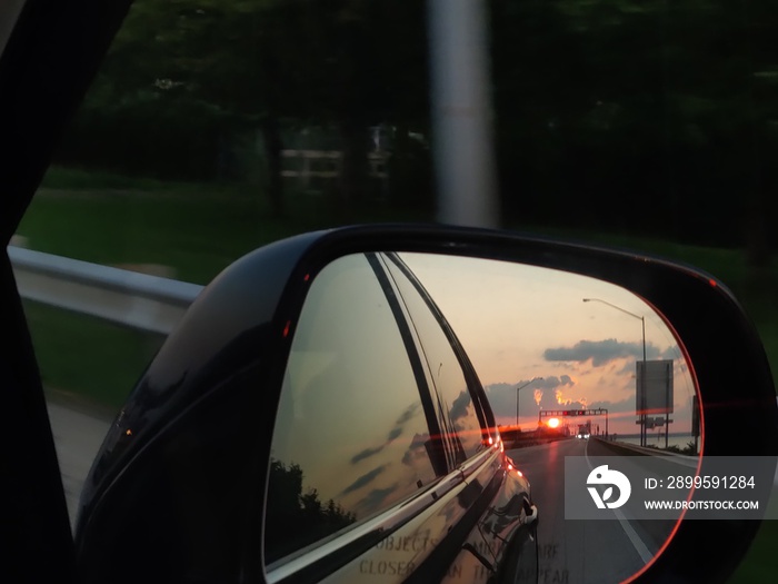 travel rearview mirror leaving vacation bridge driving road cars