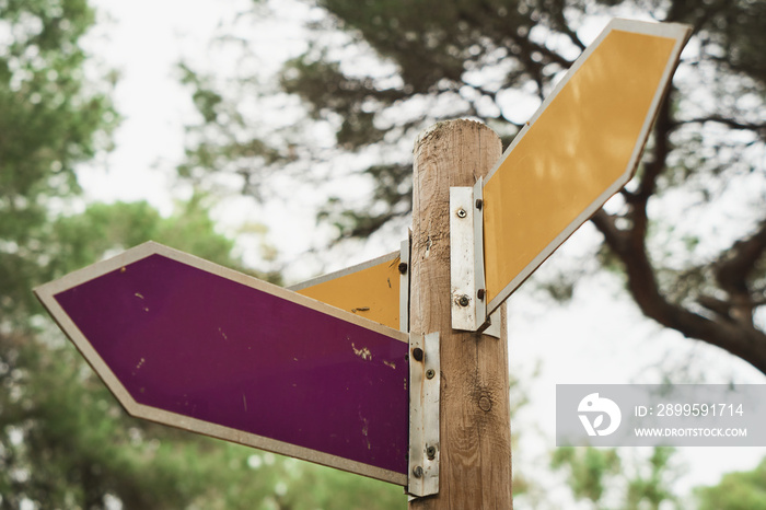 Traffic signs on a road in the forest. Yellow hiking trail signs