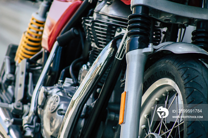 Closeup of a motorcycle parked in the streets of Limassol in Cyprus island