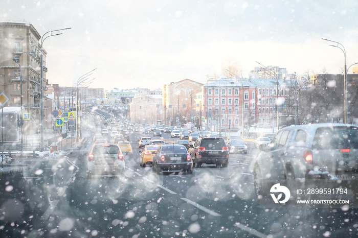 Traffic jam from cars in the city. Streets at rush hour.