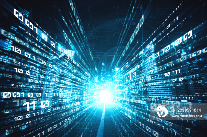 Digital data flow on road with motion blur to create vision of fast speed transfer . Concept of future digital transformation , disruptive innovation and agile business methodology .