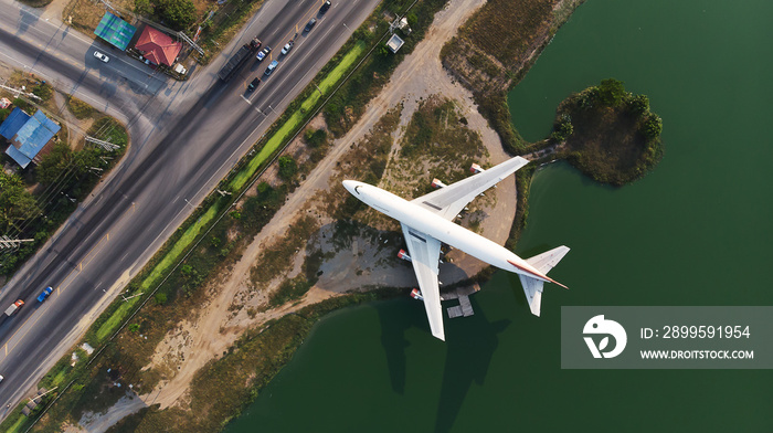 Top view from flying drone.  Boeing 747 was scrapped. Park adds value to attractions in Nakhon Pathom Province,Thailand.