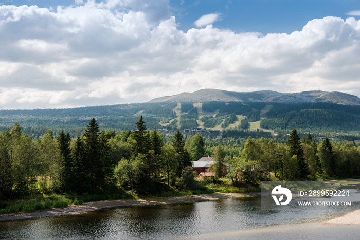 Aerial view of river and mountains, Trysil, Norway’s largest ski resort